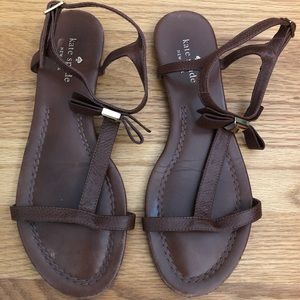 Kate Spade Tessa Bow Stud T Strap Sandals Brown Leather